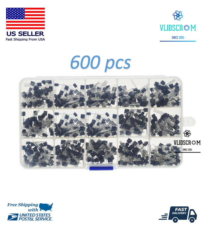 Portable 600pc 15Value NPN PNP Transistor TO-92 Assortment Kit Set With Box