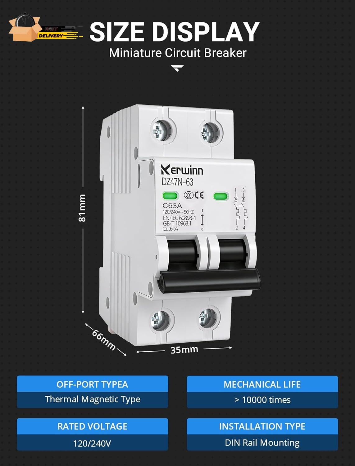 AC Miniature Circuit Breaker 2 Pole 50A (MCB),120V/240V 50/60Hz DIN Rail Mount