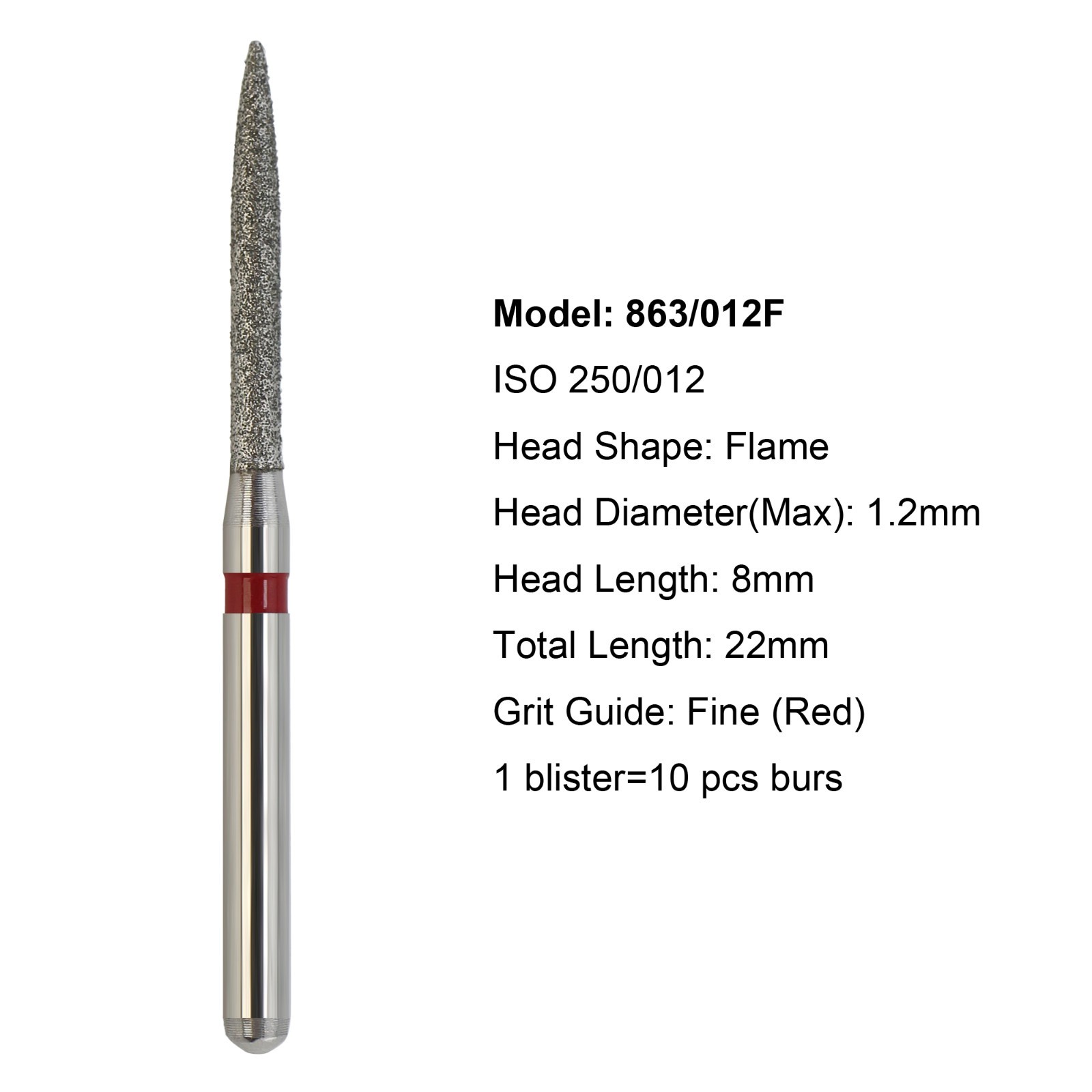 Dental Diamond Flame Bur Fine Grit Red FG Burs 863/012F For High Speed Turbine