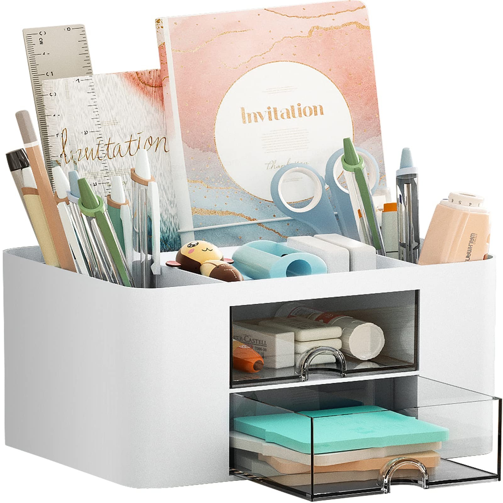 Marbrasse Pen Organizer with 2 Drawer, 7.4 x 5.5 x 3.9 Inch, White