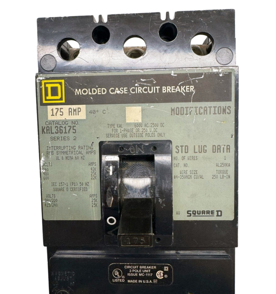 Square D KAL36175 Molded Case Circuit Breaker, 3-Pole, 175A, 600VAC, 250VDC