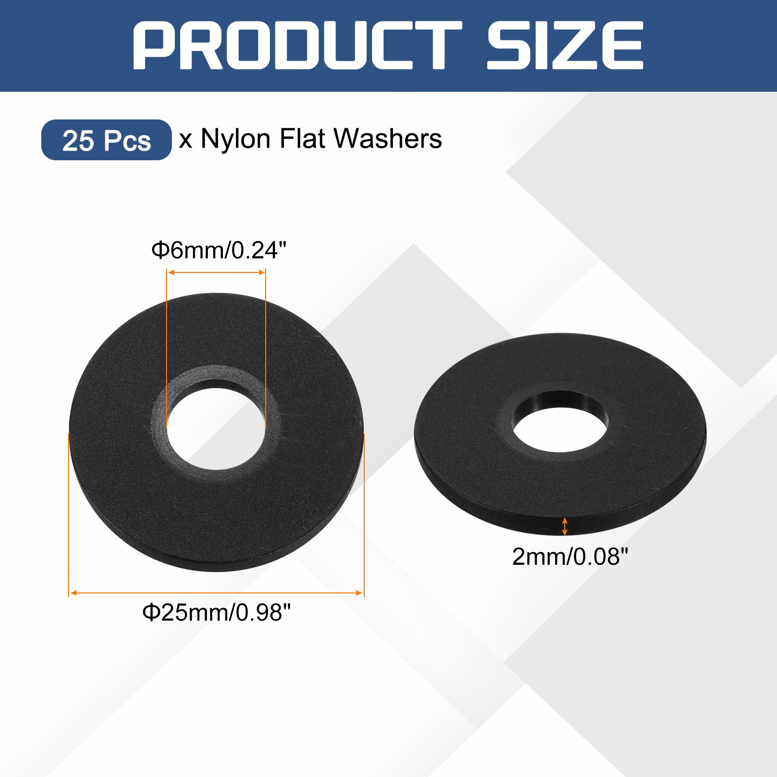 25Pcs M6 Nylon Flat Washers Plastic Washer 6mm ID 25mm OD 2mm Thick Black