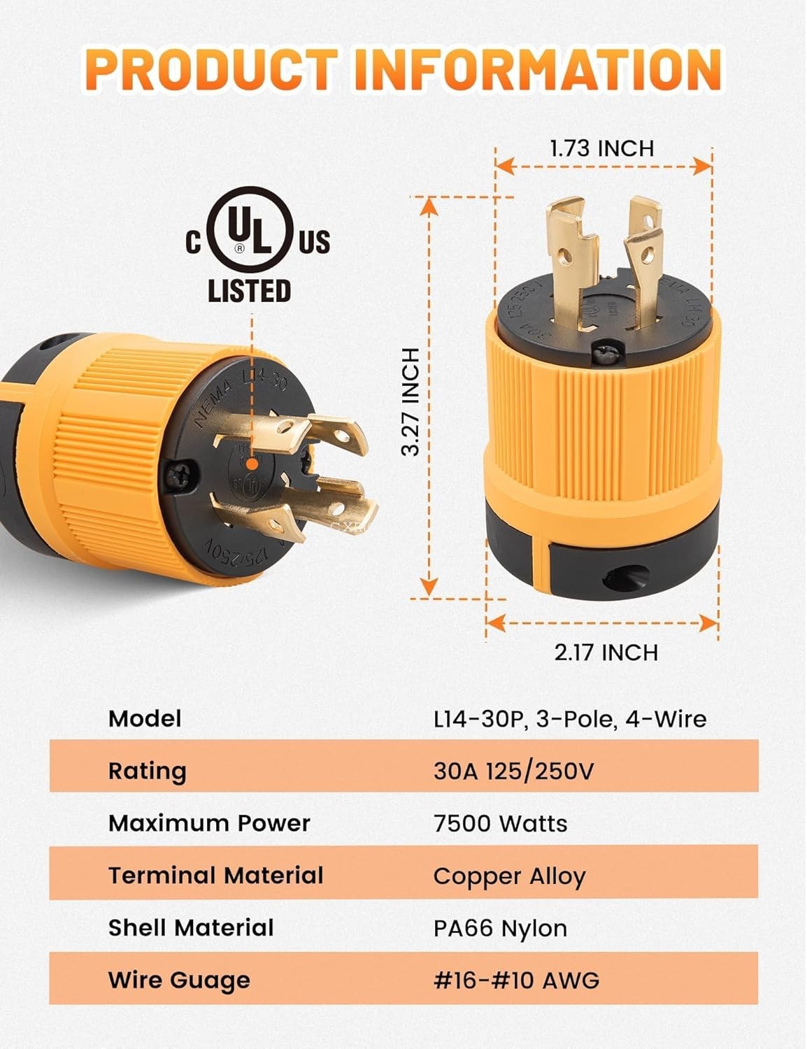 NEMA L14-30P Male Plug 30A 125/250V Twist Lock 4 Prong Generator Locking Plug UL