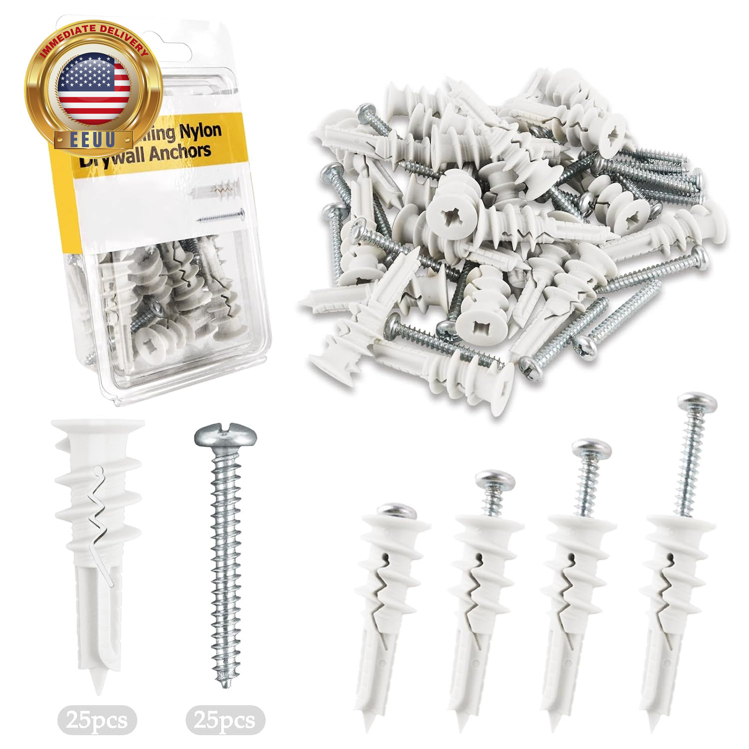 50PCS Nylon Drywall Anchors with Screws Kit, Organized Plastic Pack for Easy Sto