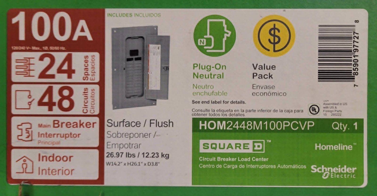 Square D 100 Amp 24-Space 48-Circuit Indoor Main Breaker Panel Box -NIB