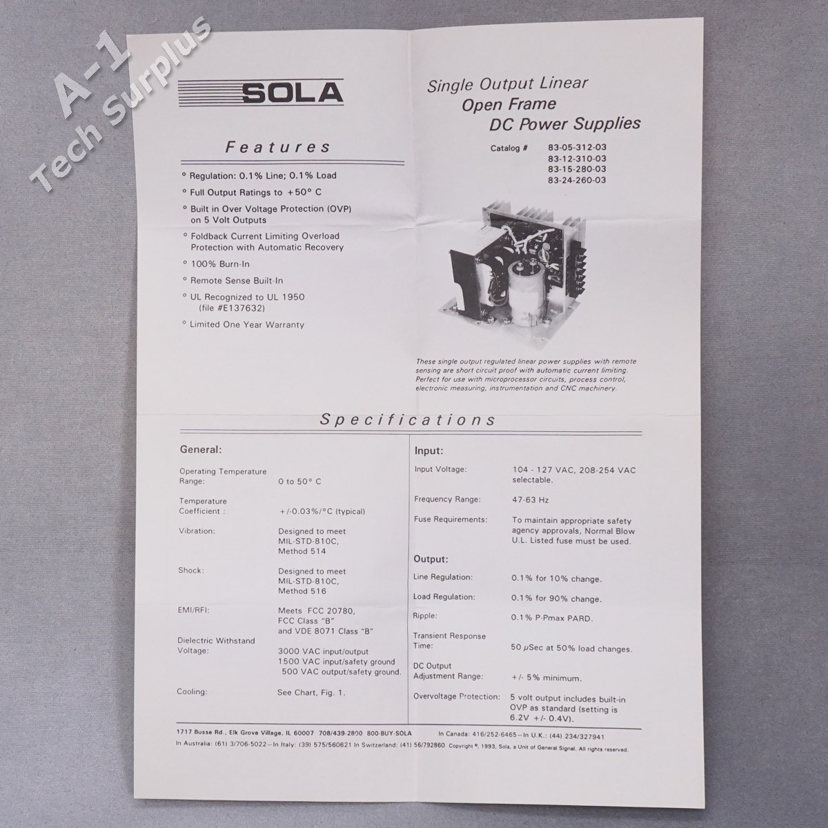 Sola 83-24-260-03 Linear DC Power Supply Input: 120/240 VAC 50/60 Hz Out: 24 VDC
