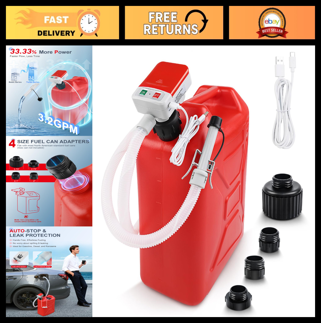 3.2 GPM Fuel Transfer Pump, USB-C & Battery Powered, Auto-Stop, 51″ Hose, 4 Adap