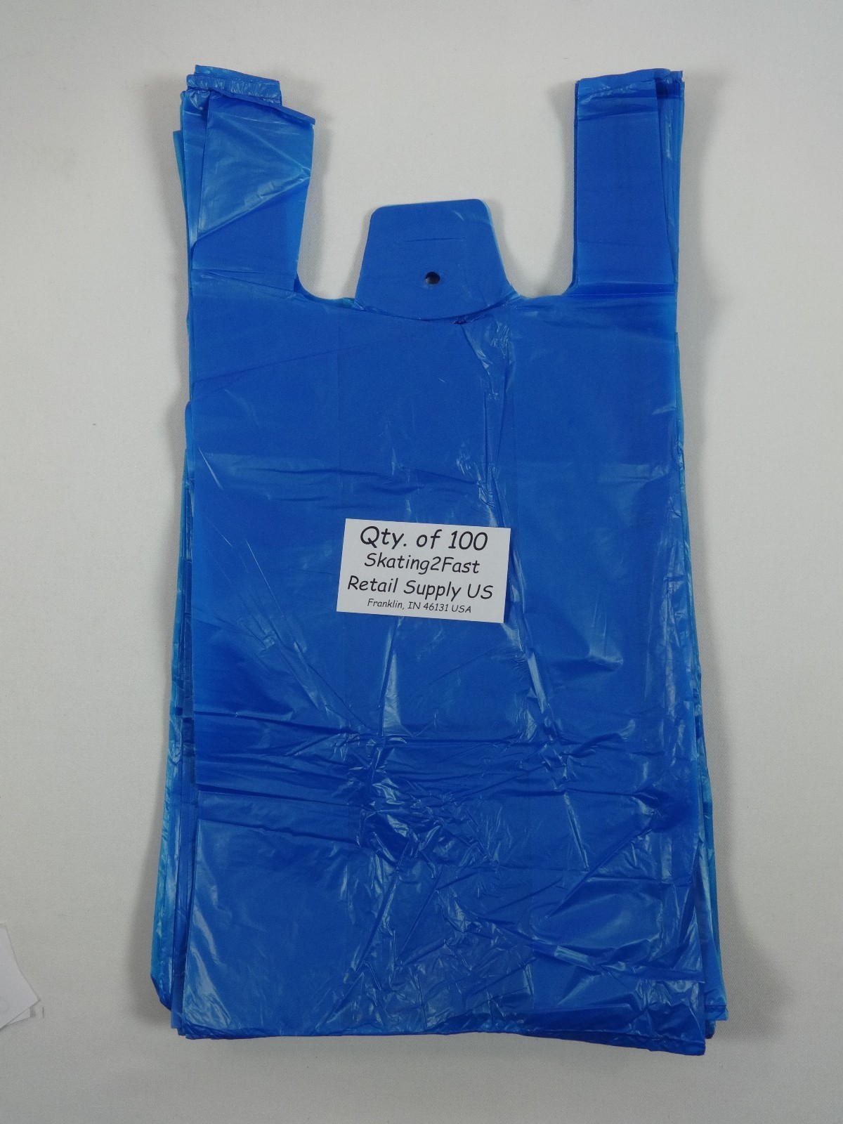 100 Qty. Blue Plastic T-Shirt Retail Shopping Bags w/ Handles 8″ x 5″ x 16″ Sm