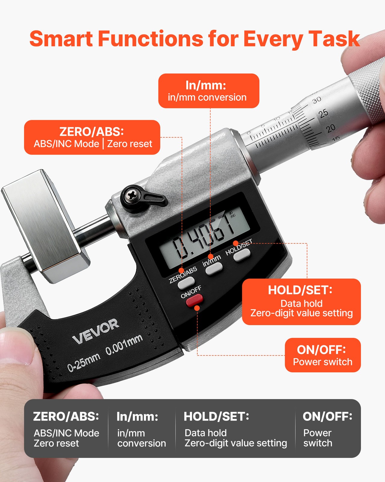 VEVOR Digital Outside Micrometer 0-1in Range 0.00005in Resolution LCD Screen