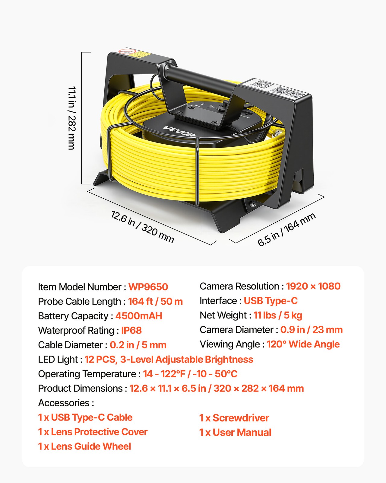 VEVOR Sewer Camera with WiFi 164ft/50m IP68 Drain Pipeline Camera 12 LED Lights