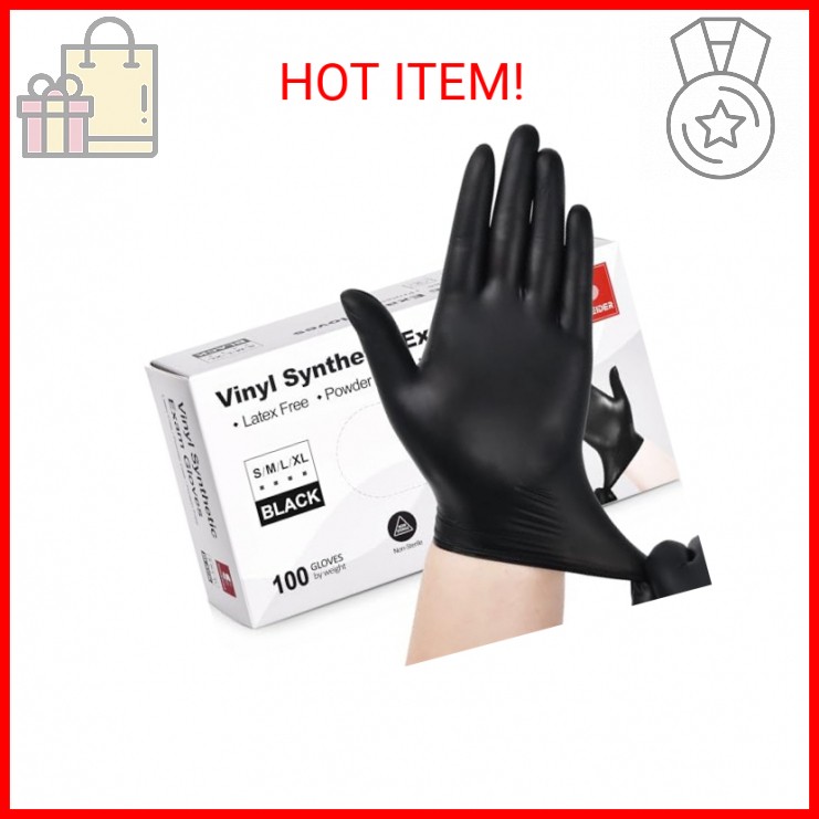 Schneider Black Vinyl Exam Gloves, 4mil, Disposable Latex-Free, Plastic Gloves f