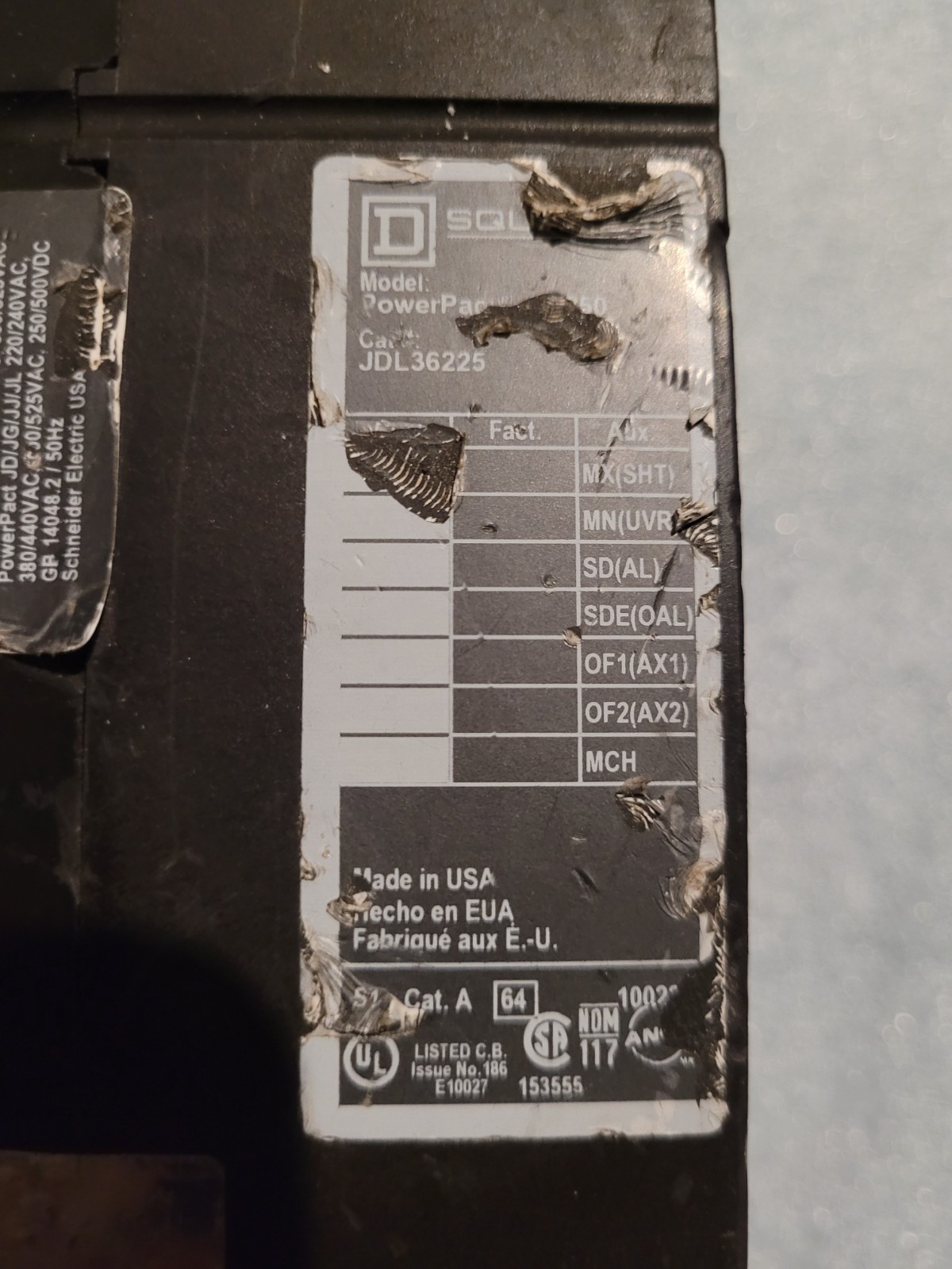 Square D JDL36225 3 Pole 225 Amp 600 Volt Molded Case Circuit Breaker