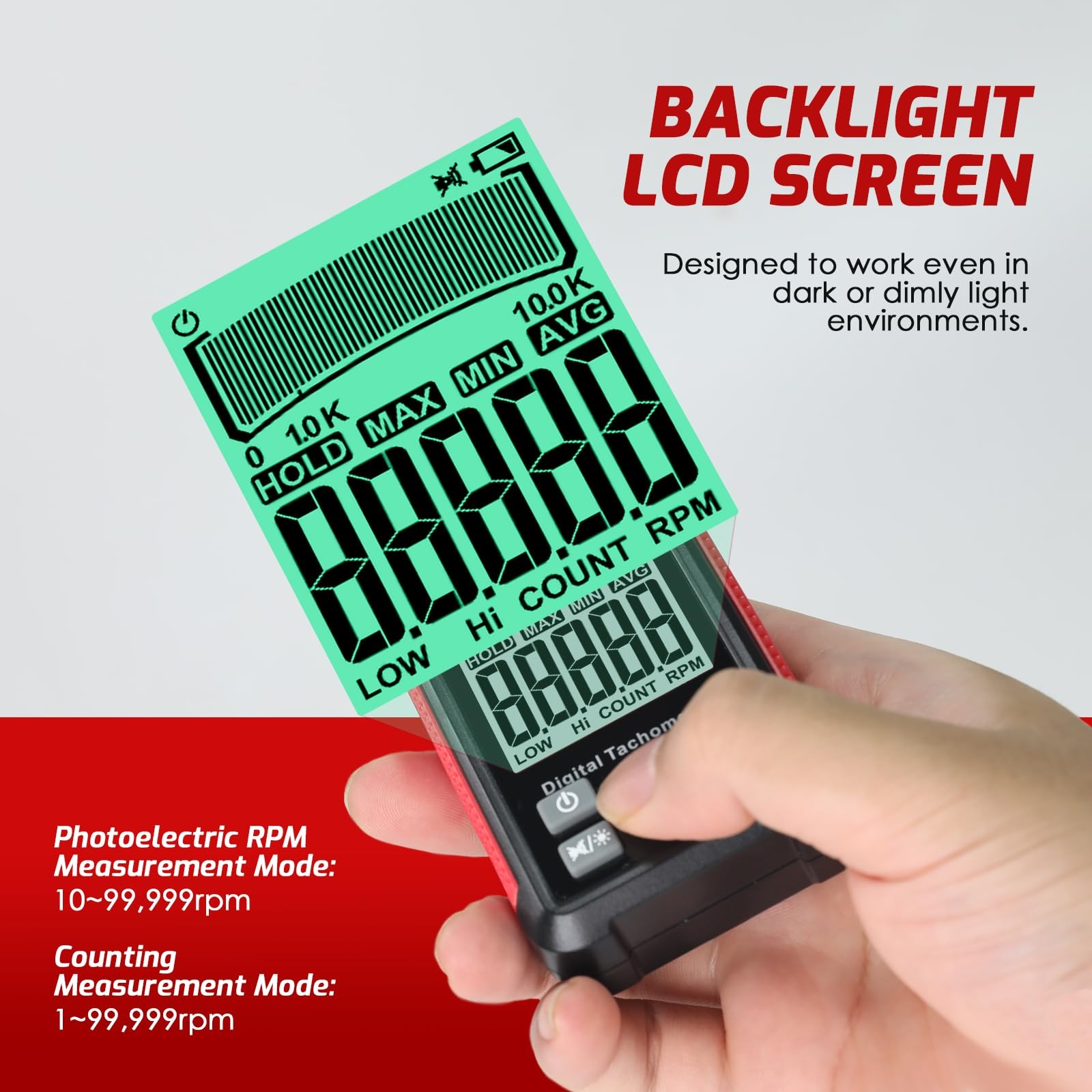 Digital RPM Tachometer NonContact Laser Speed Meter LCD Backlight Data Hold