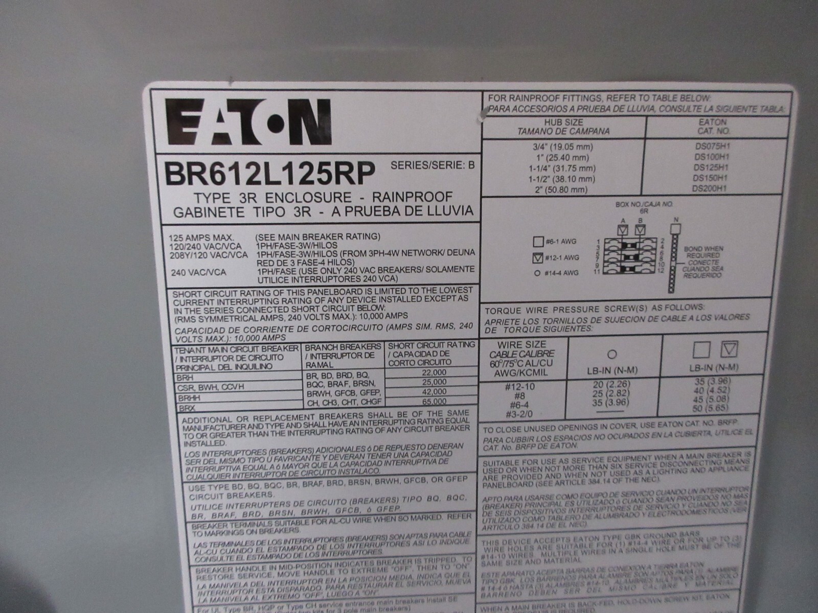 CH/EATON BR612L125RP, 125A MLO, 120/208V, 1PH3W, N3R, 6/12 CKT Load Center-E3036