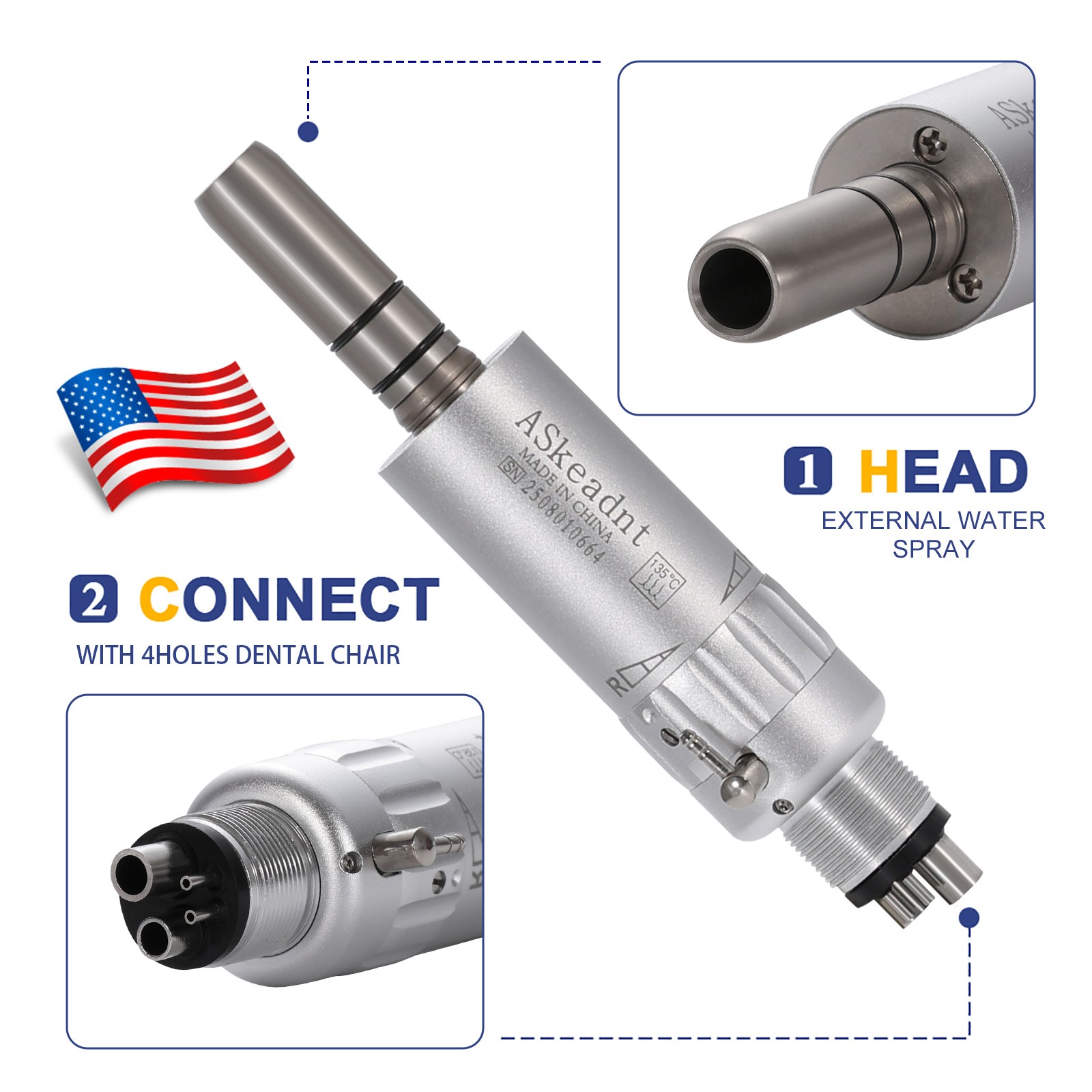 ASkeadnt Dental Slow Low Speed Handpiece Air Motor E-type 4 Holes Connector