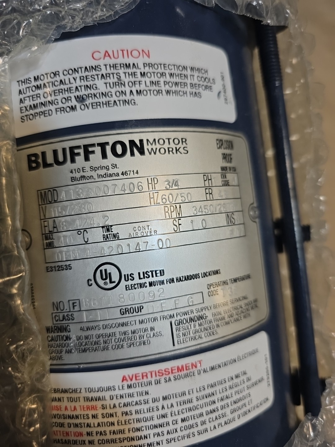 Bluffton 4133007406 3/4hp Explosion Proof Motor 1 Phase 115/230v 3450/2875 RPM