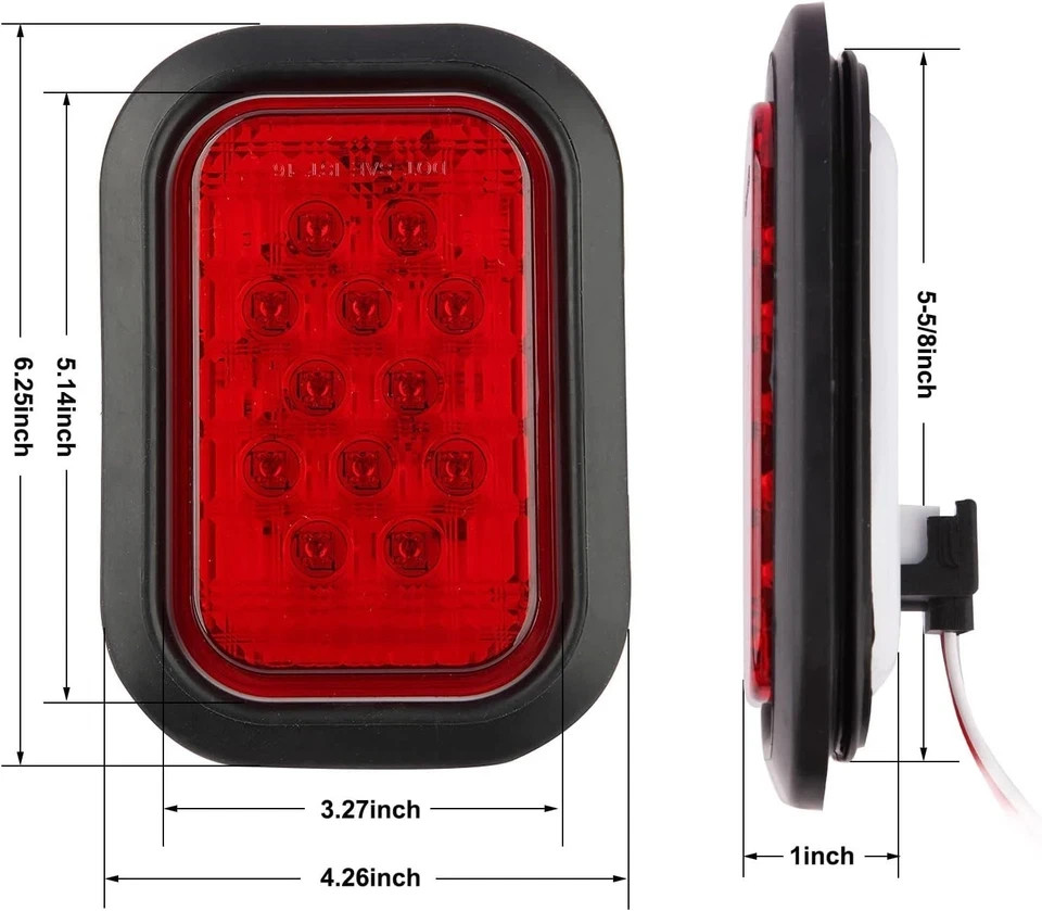 6Pcs 5×3 Rectangle LED Stop/Turn/Tail/Brake & Backup 4 Red + 2 White