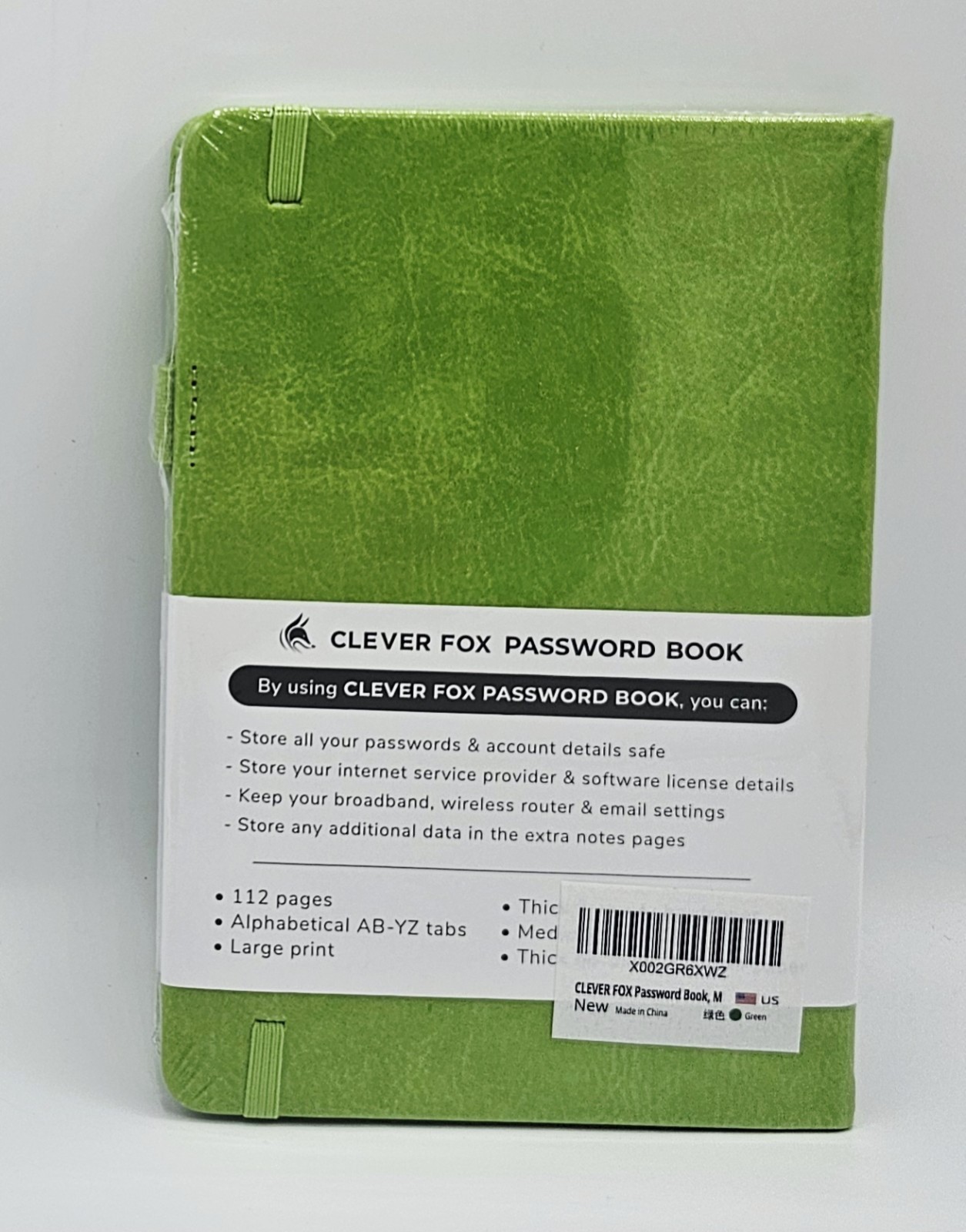 BRAND NEW Clever Fox Password Book Internet Password Logbook GREEN Medium Size