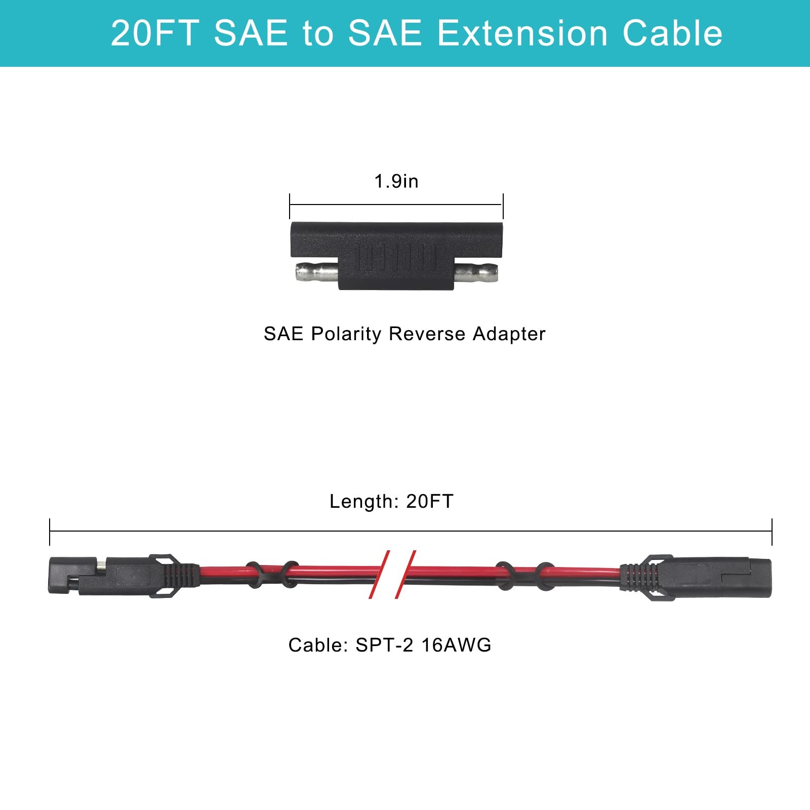 SAE to SAE Extension Cable 16AWG – 20FT SAE Cable Battery Charger Extension Cord