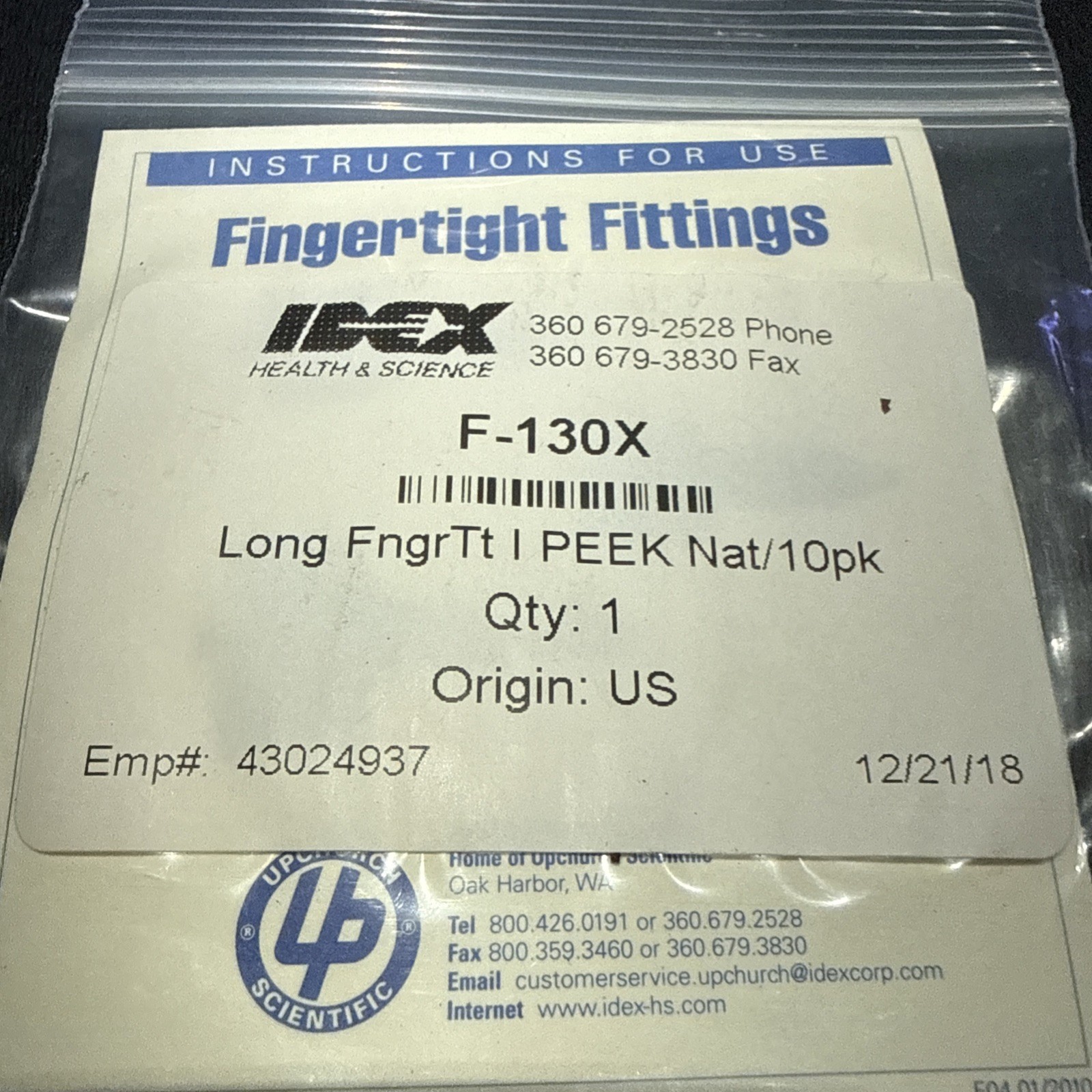 UPCHURCH SCIENTIFIC IDEX F-130X FINGERTIGHT FITTINGS, BAG OF 10, NIB
