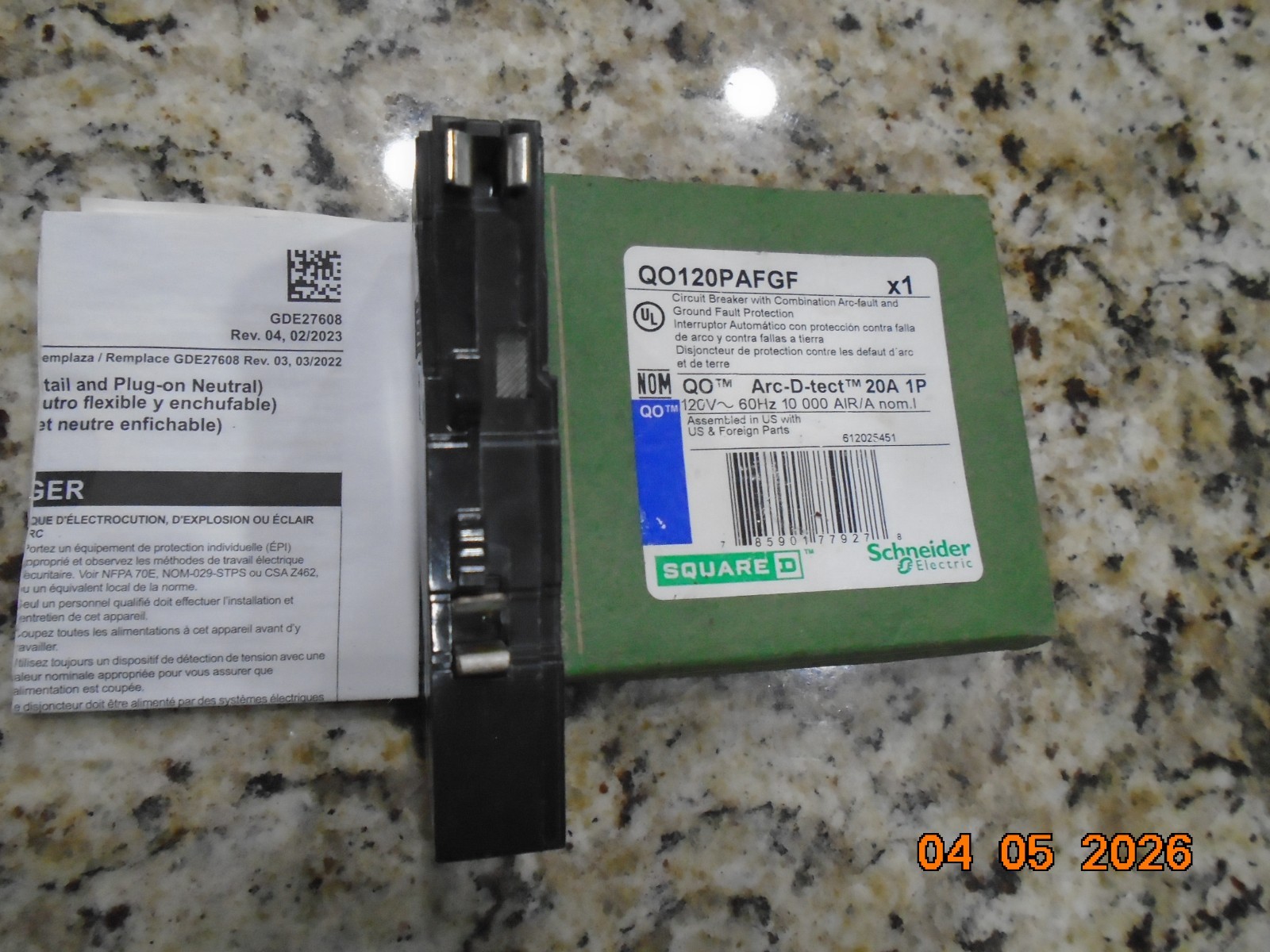 SQUARE D QO120PAFGF 20A DUAL FUNCTION COMBO ARC FAULT & GROUND FAULT BREAKER NEW