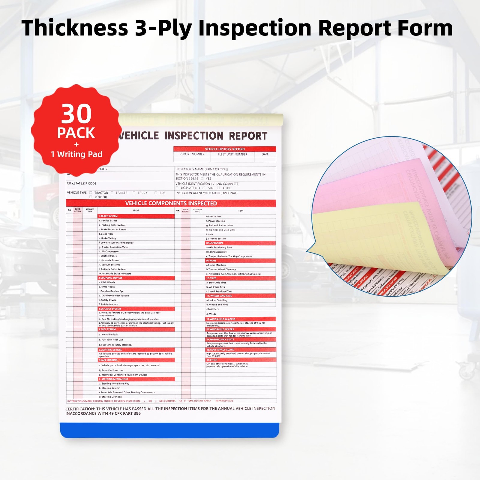 Annual Vehicle Inspection Report Form 3-Ply Carbonless DOT Vinyl 30PK