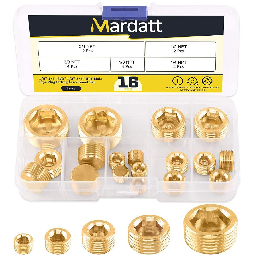 16Pcs Brass NPT Plug Assortment Kit 5 Sizes1/8″ 1/4″ 3/8″ 1/2 «3/4» Internal hex