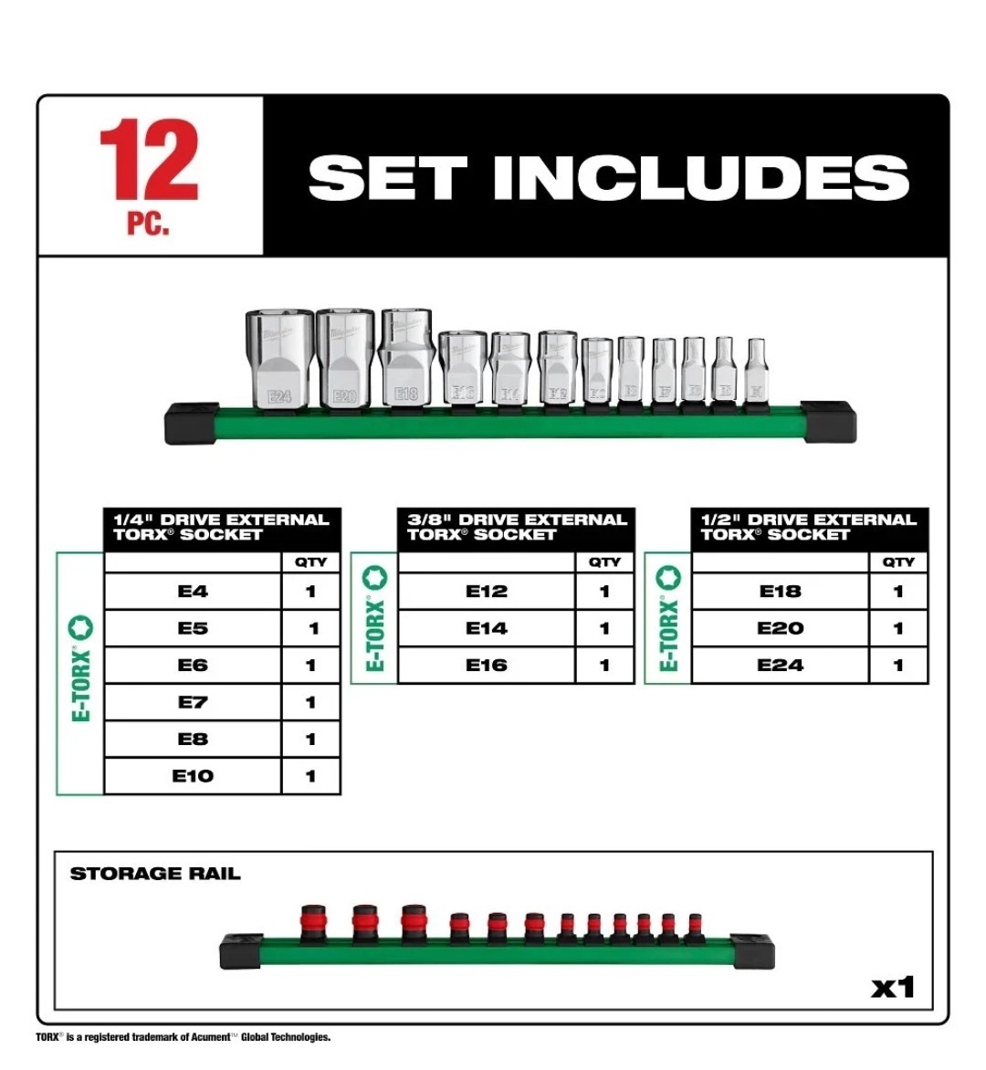 Milwaukee 48-22-9570 E-Torx 1/4″ 3/8″ & 1/2″ Drive External Sockets 12 PC Set