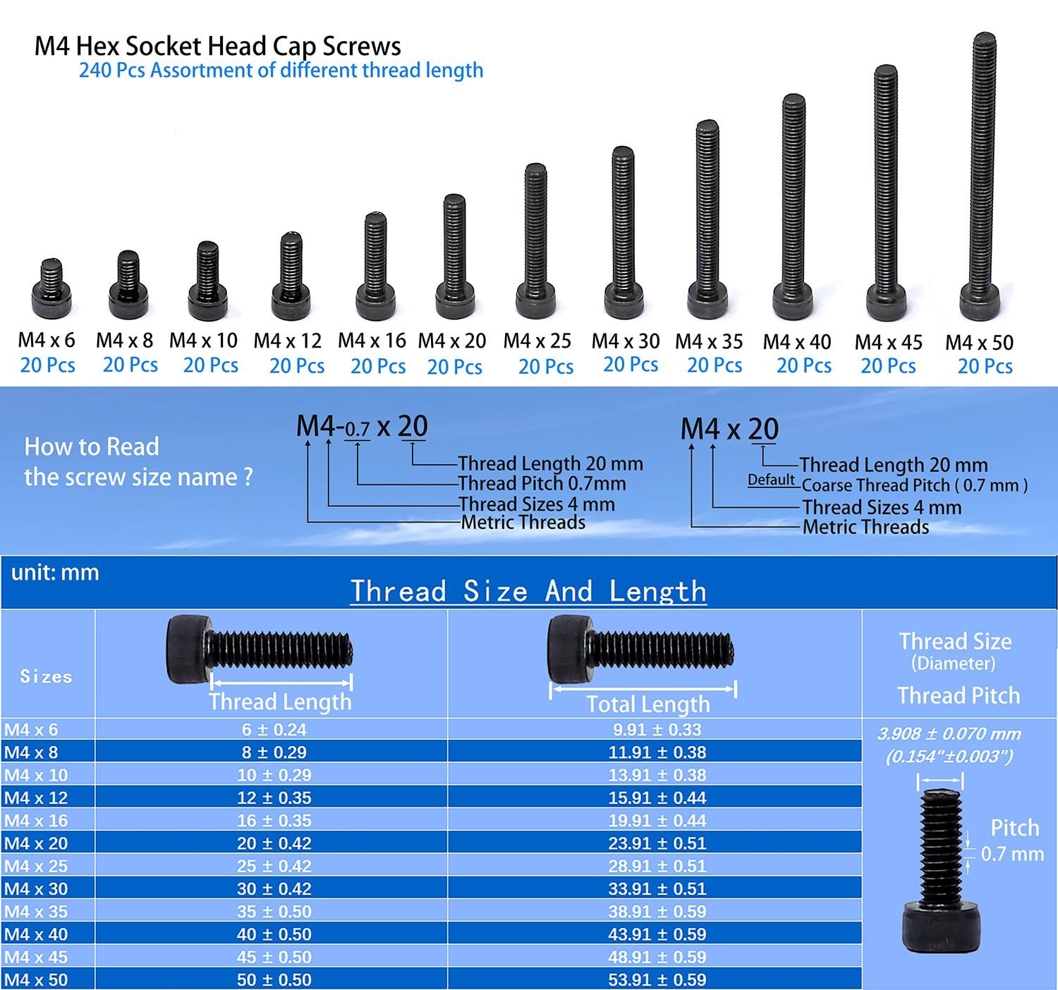 M4x6-50mm Hex Socket Screws, 240 Pcs, Black Oxide