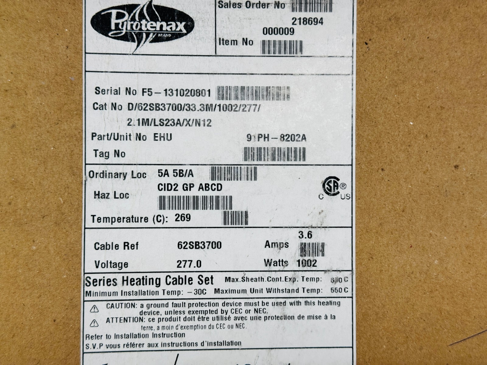 Pyrotenax D/62SB3700/33.3M/1002/277/2.1M/LS23A/X/N12 1002 Watts Heating Cable