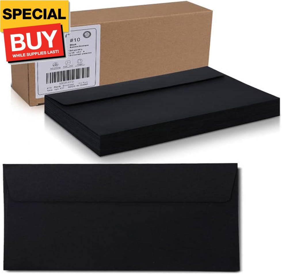 100Qty#10 Black Business envelopes 4.125×9.5In- windowless design 120GSM paper e