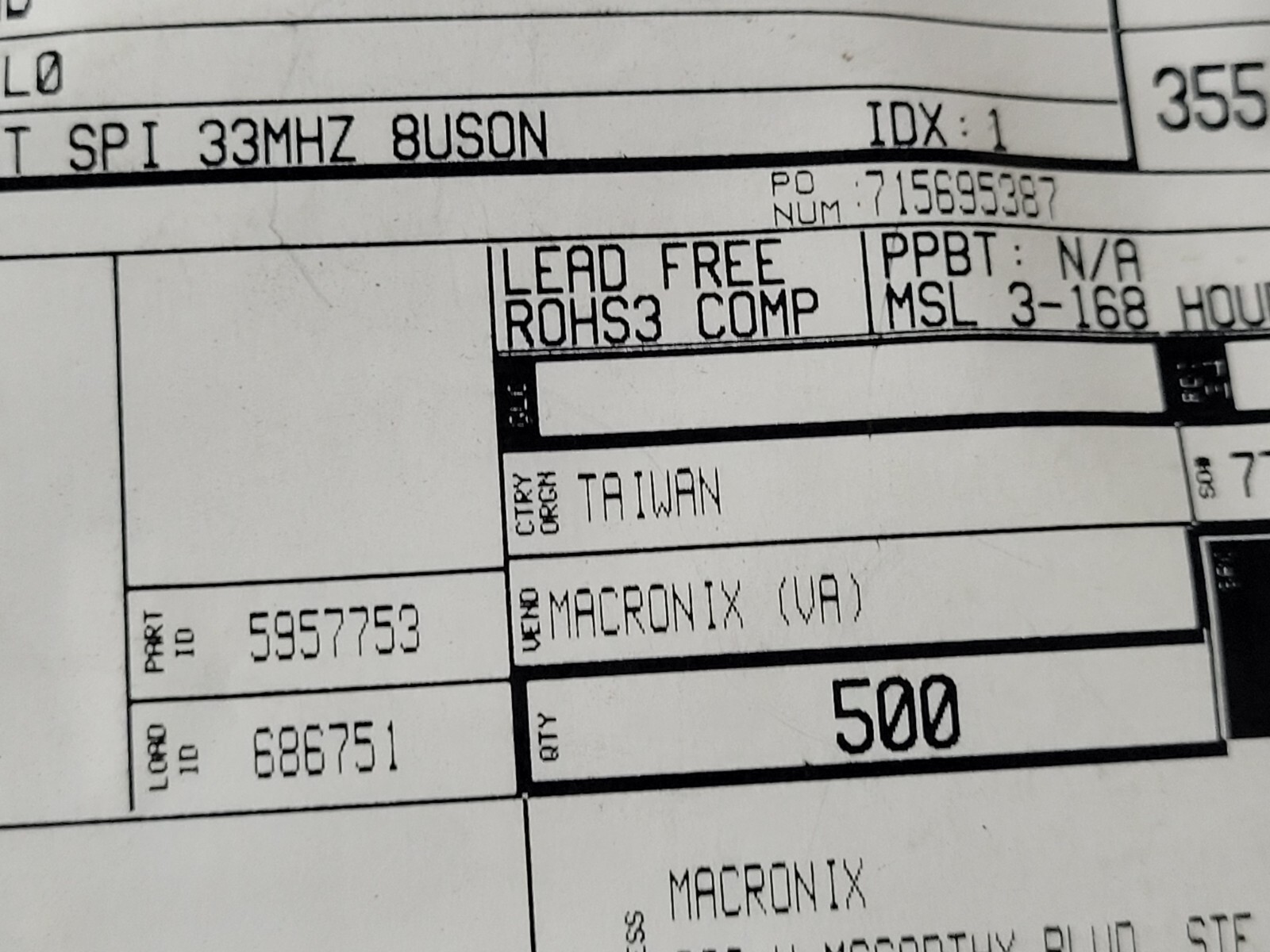 Macronix IC FLASH 1MBIT SPI 33MHZ 8USON MX25R1035FZUIL0 QTY 500