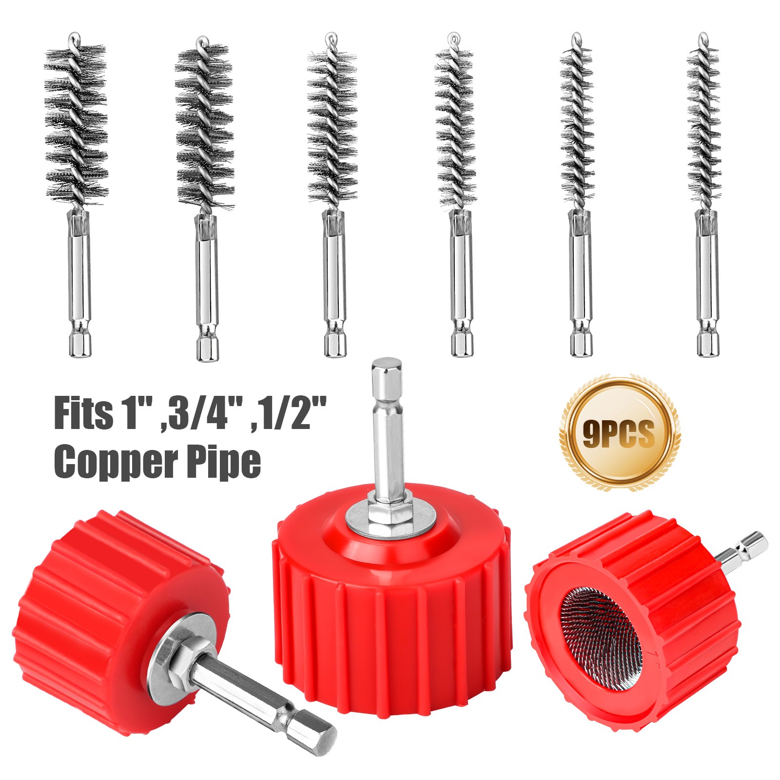 1/2″ 3/4″ 1″Copper Pipe Cleaning Kit w/ Wire Brush for Drill Plumbing Welding