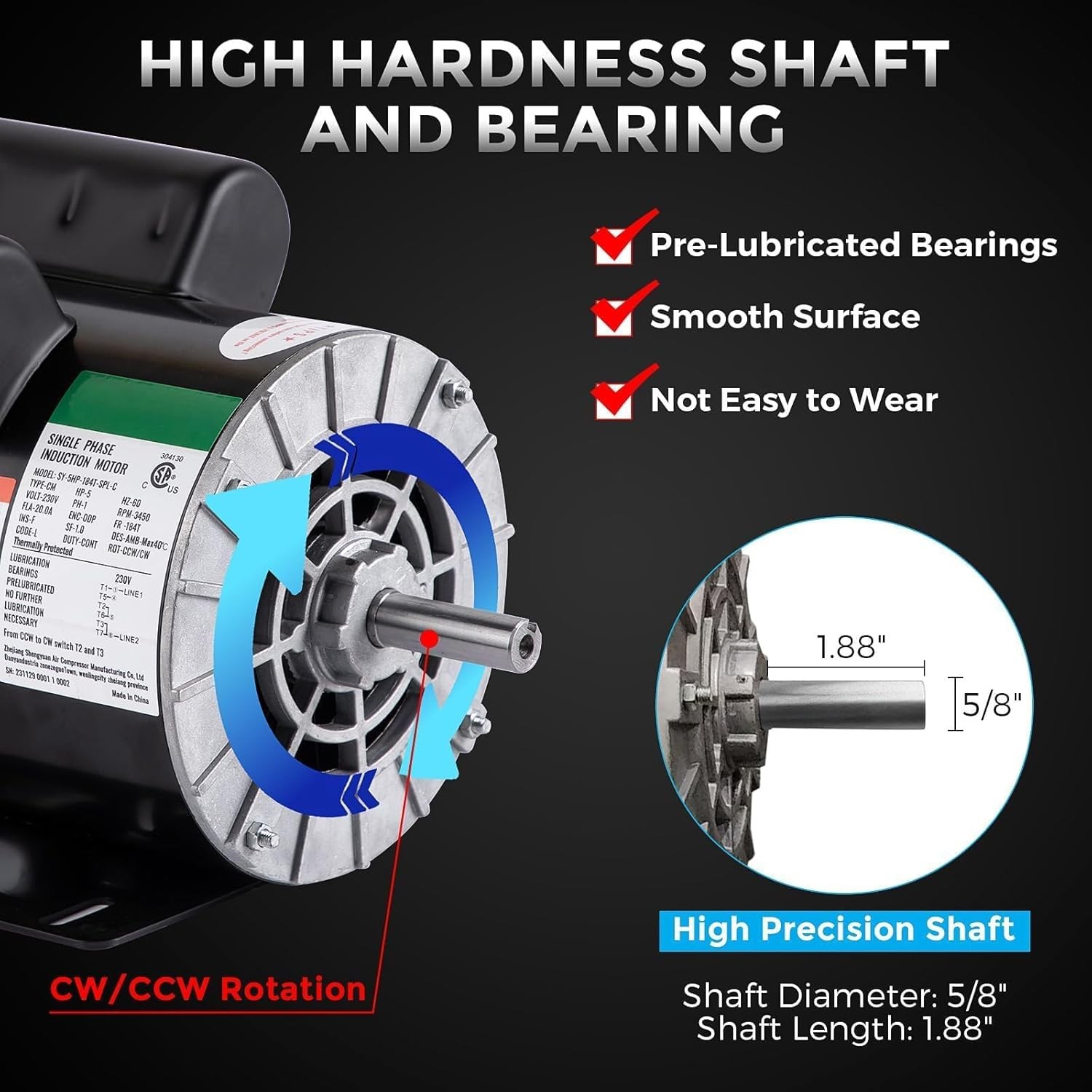 5HP SPL Air Compressor Motor 230V 3450RPM 56 Frame Motor CW/CCW Rotation