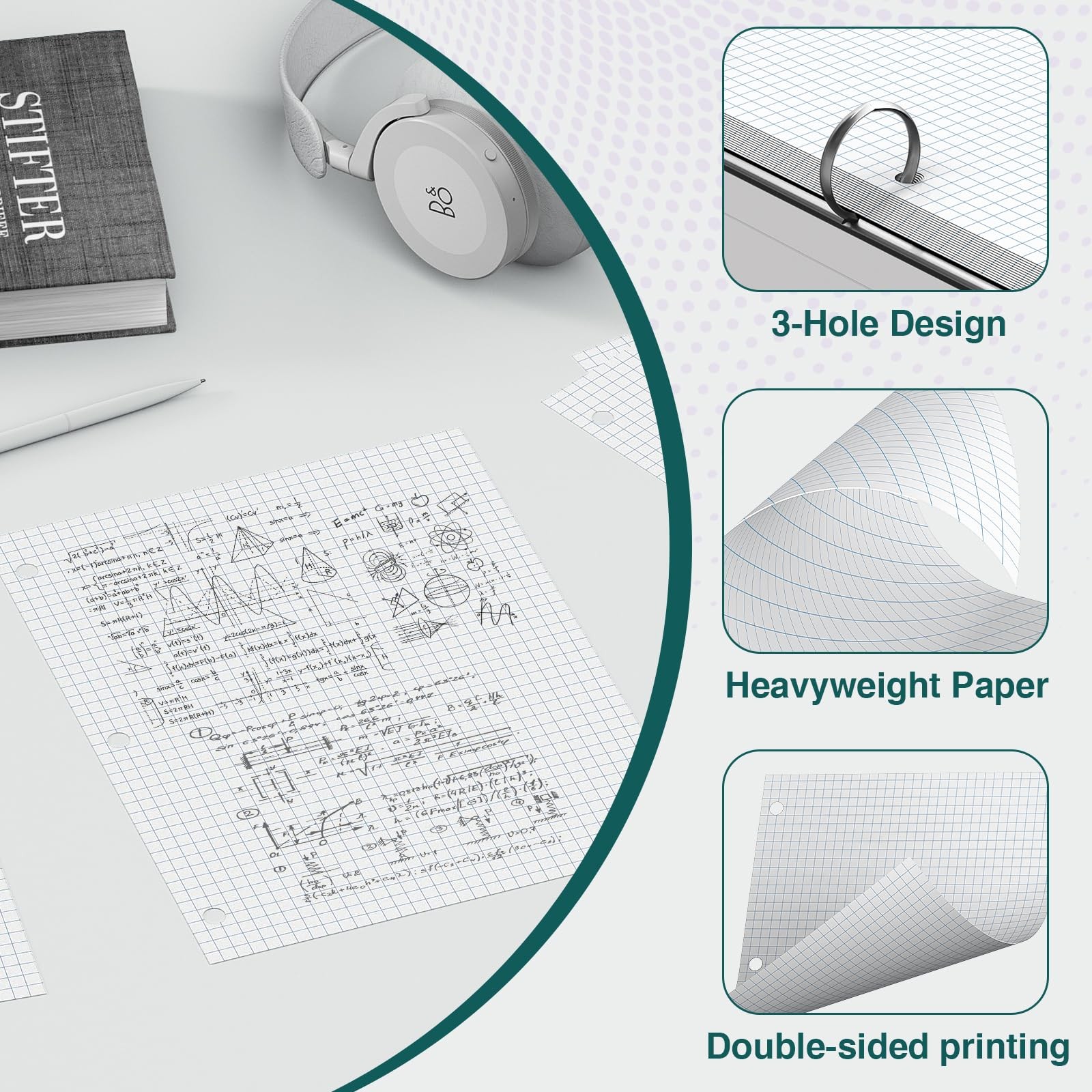 Loose Leaf Graph paper 8 x 10.5, Graph Ruled Paper, 3 Hole Punched Paper, 4 x…