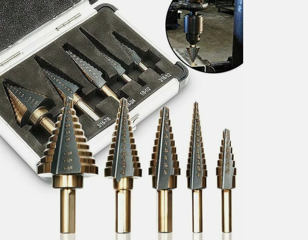 5-Piece Imperial Step Drill Bit Set – Tower Drill Bits for Metal/Wood/Plastic Dr