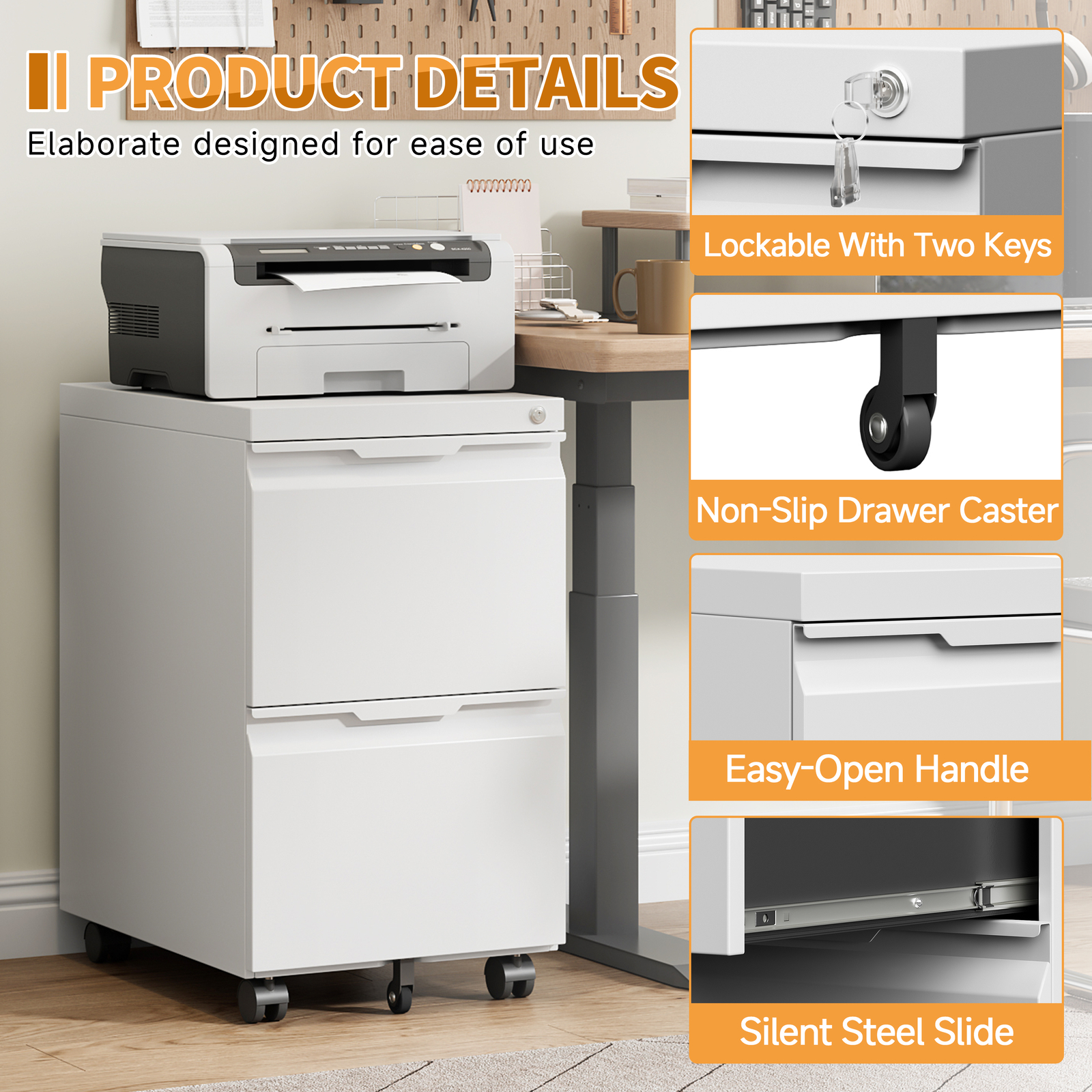 2 Drawer Mobile File Cabinet, Under Desk Storage Cabinet With Lock Office Filing