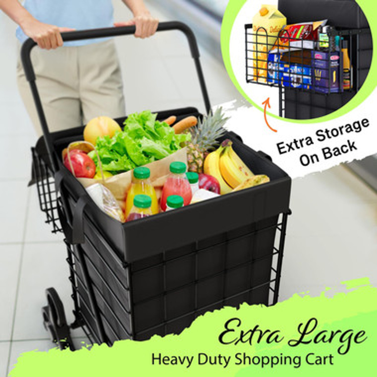 Open Box Folding Shopping Cart with Double Baskets – 200 lbs Heavy Duty Capacity