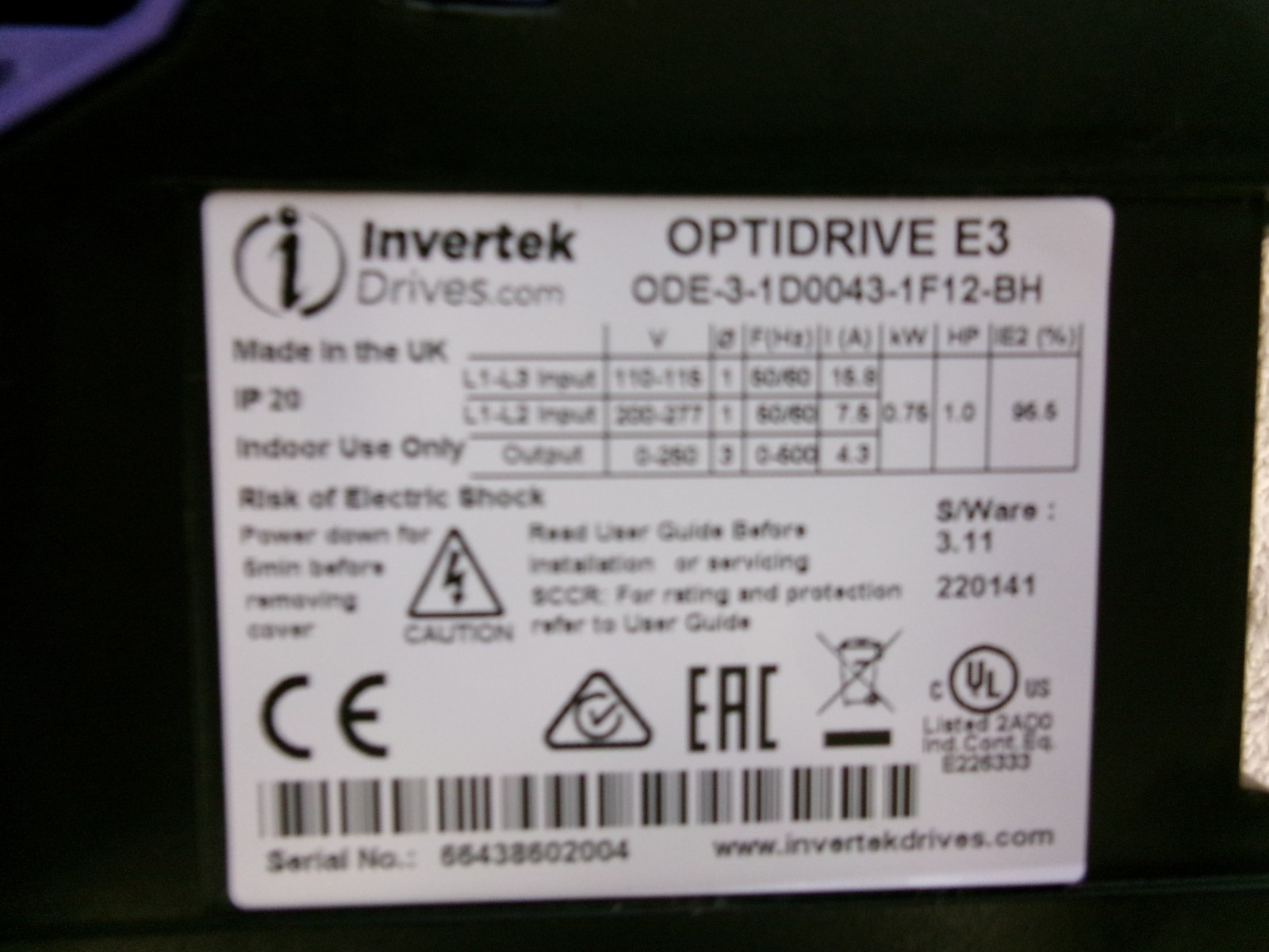 Invertek OPTIDRIVE E3 VFD Drive 1HP 0.75kW ODE-3-1D0043-1F12-BH