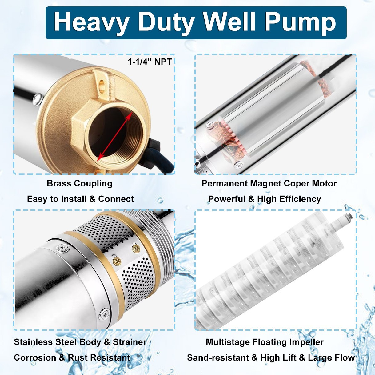 4″ Deep Well Submersible Pump, 1/2HP, 110V, 60 Hz, 28GPM, 150 Ft Max,1 1/4in NPT