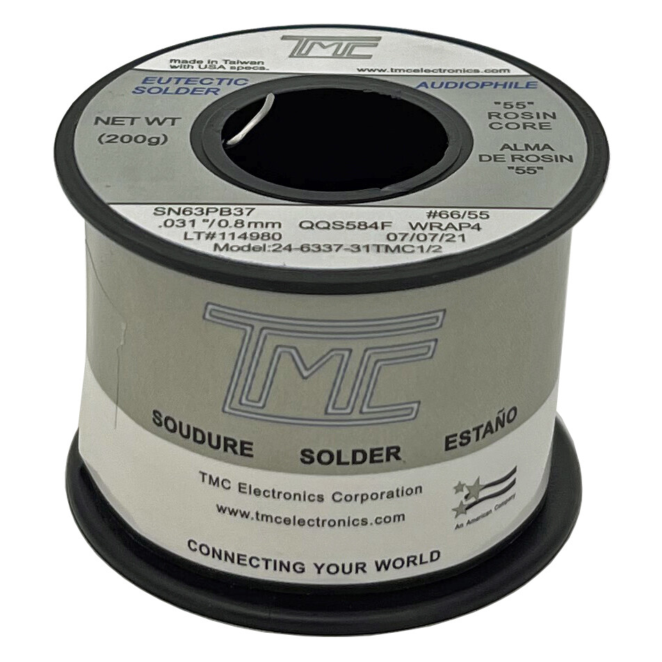 63/37 Eutectic Solder Wire, 0.031″ 0.8mm, 2.2% Rosin Core, 0.44LB, 200g, 7oz TMC