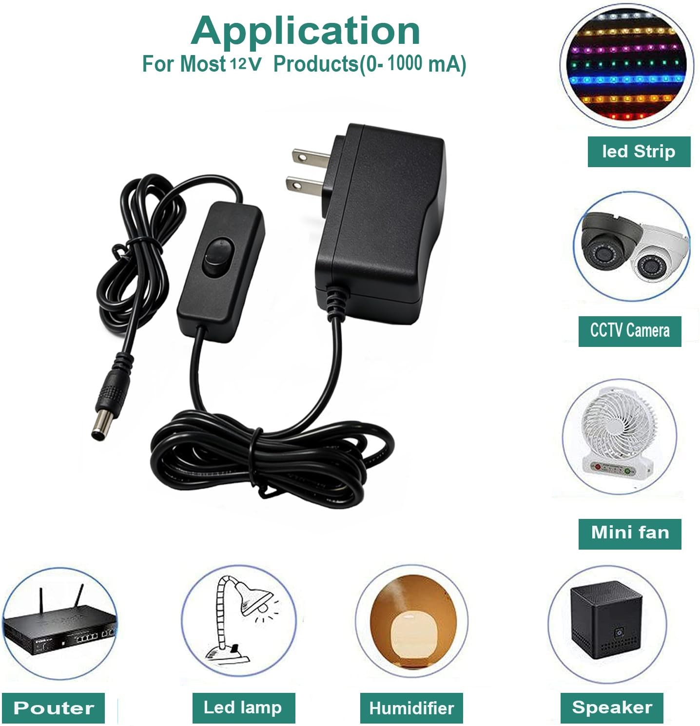 12V 1A DC Power Supply with On/Off Switch Adapter AC 100-240V 50-60Hz to DC 1…