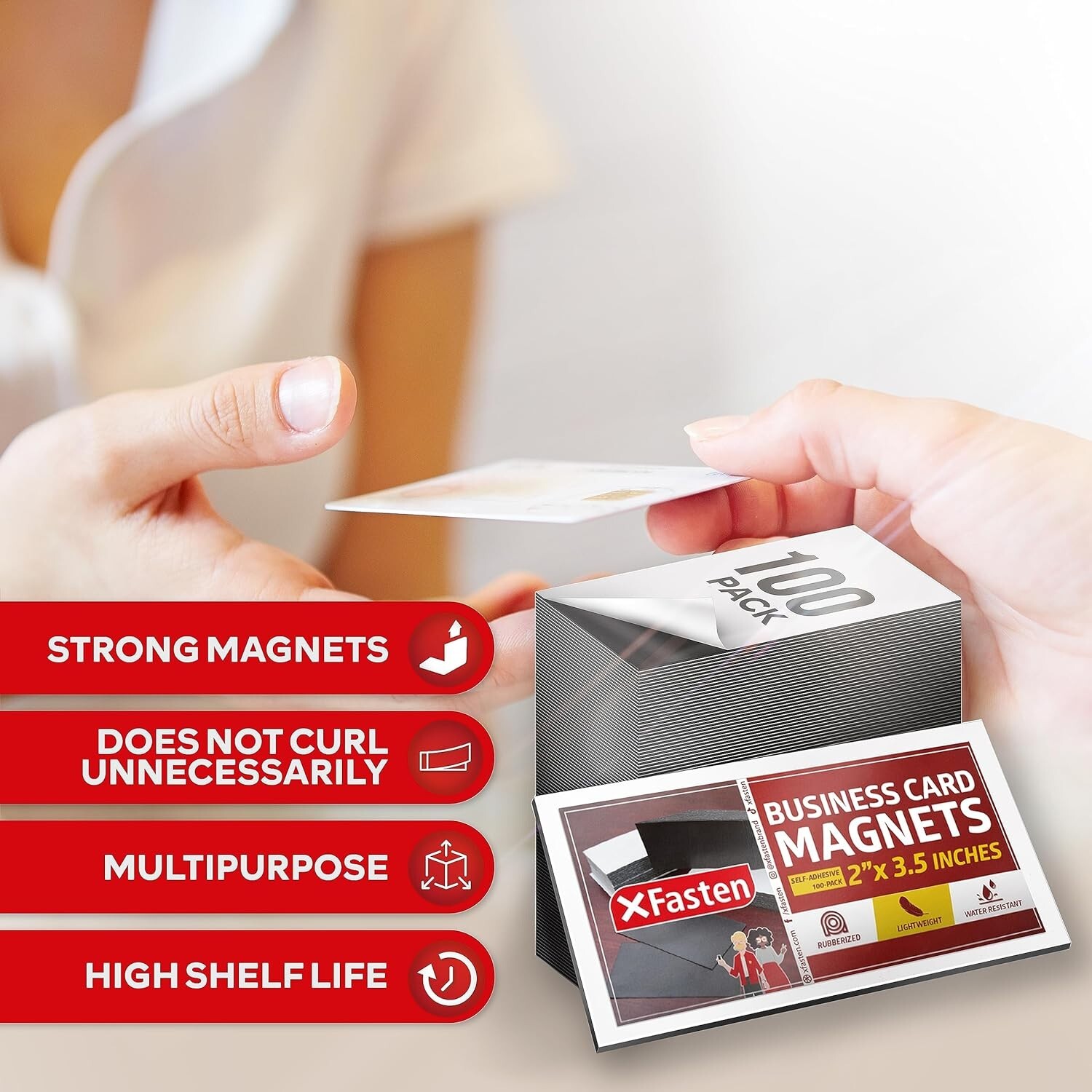 XFasten Self Adhesive Business Card Magnets, Pack of 100, Weatherproof Peel a…