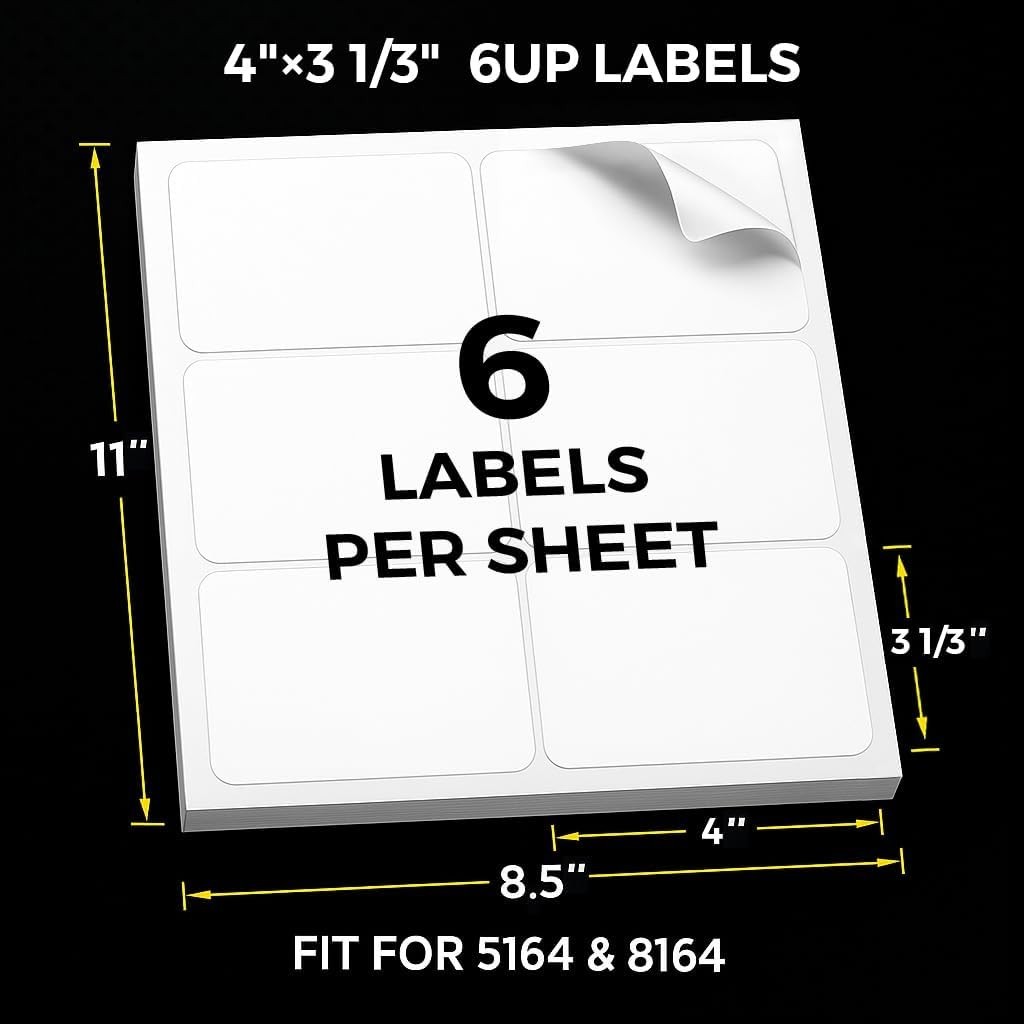 500 Sheets 3-1/3″ x 4″ 6 up Printable Sticker Paper 3000 Mailing Labels for Pack