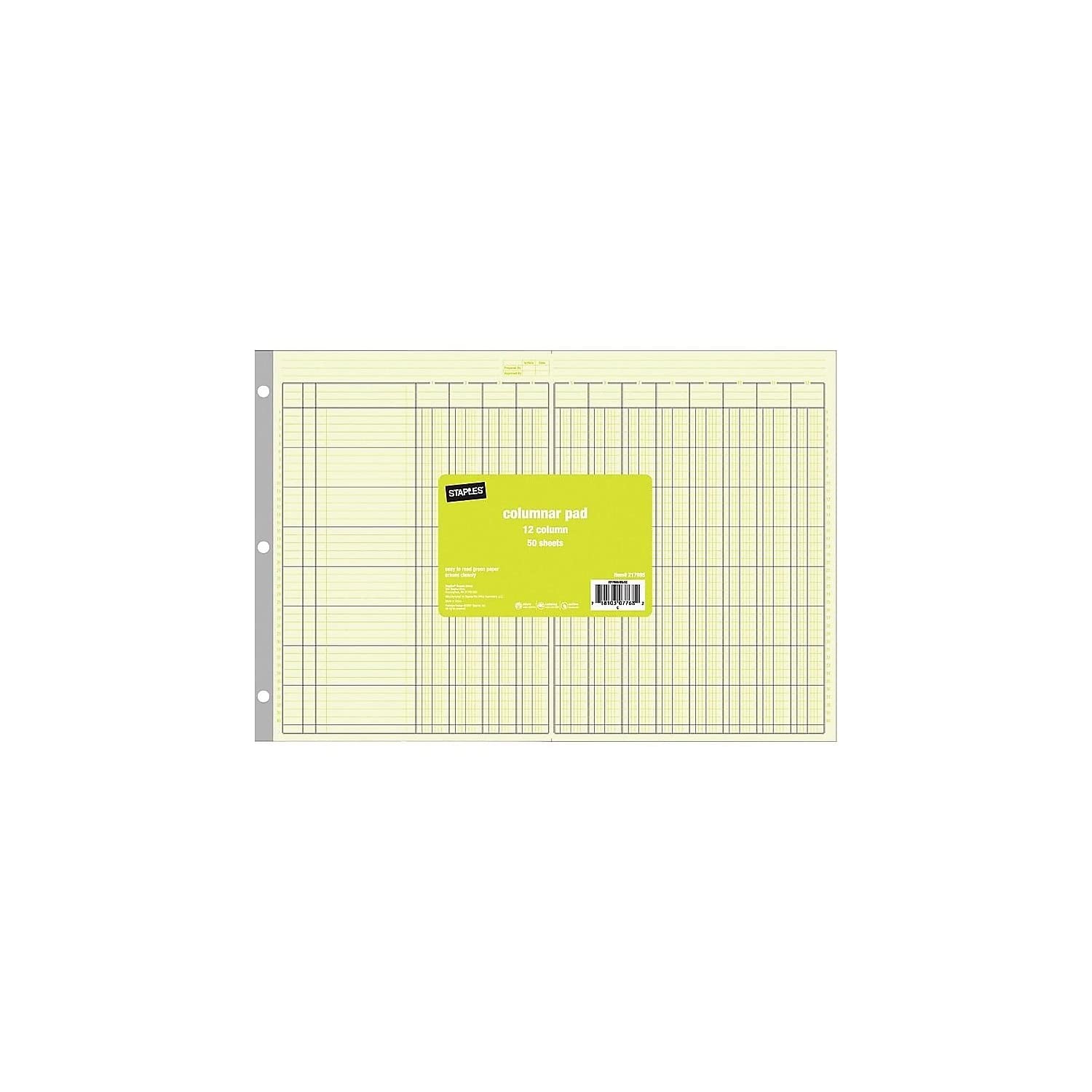 Staples® Columnar Book, 12 Columns, 16.31″ x 11″, Green, 50 Sheets/Book Green