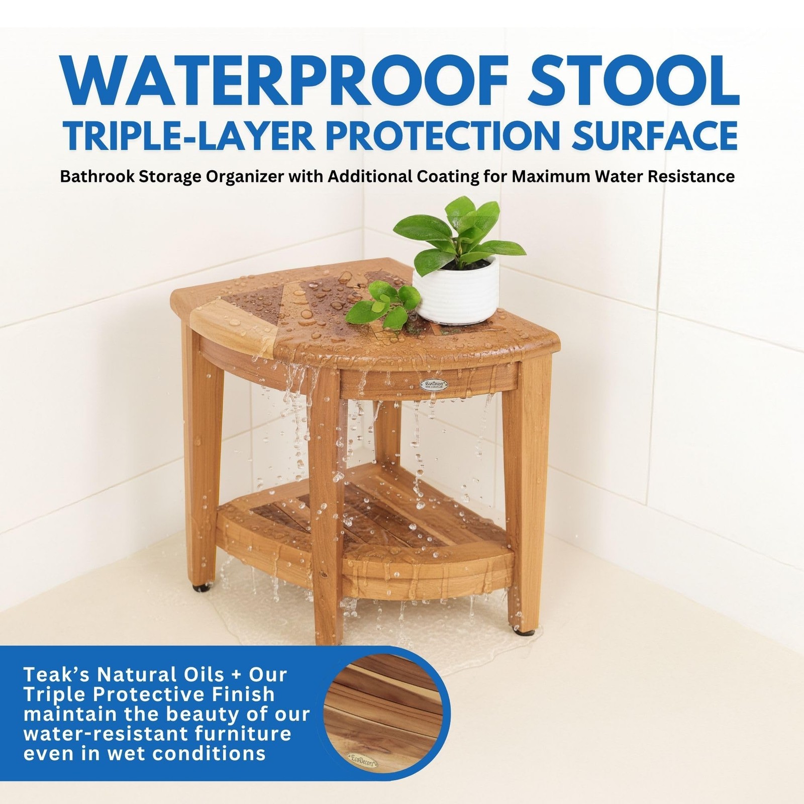 EcoDecors ED974 Corner Teak Shower Bench with Shelf 350 lb Capacity Tool-Free