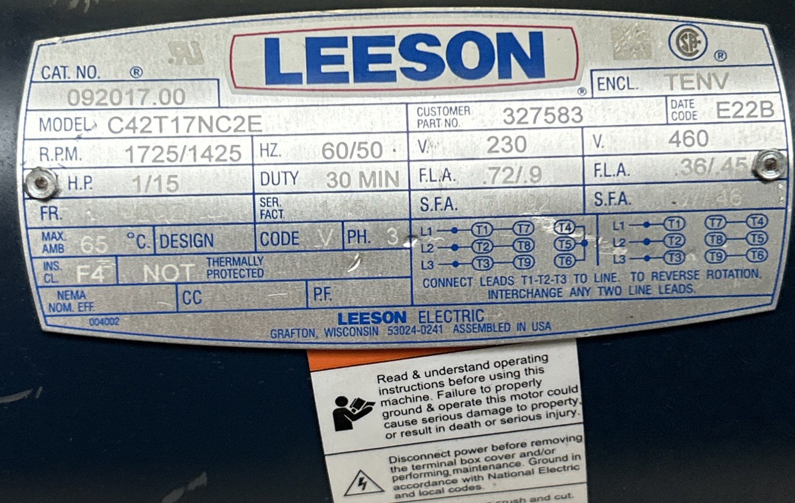 LEESON,092017.00,AC MOTOR C42T17NC2E 1/15HP 1725/1425RPM 460V 42CZ FRAME