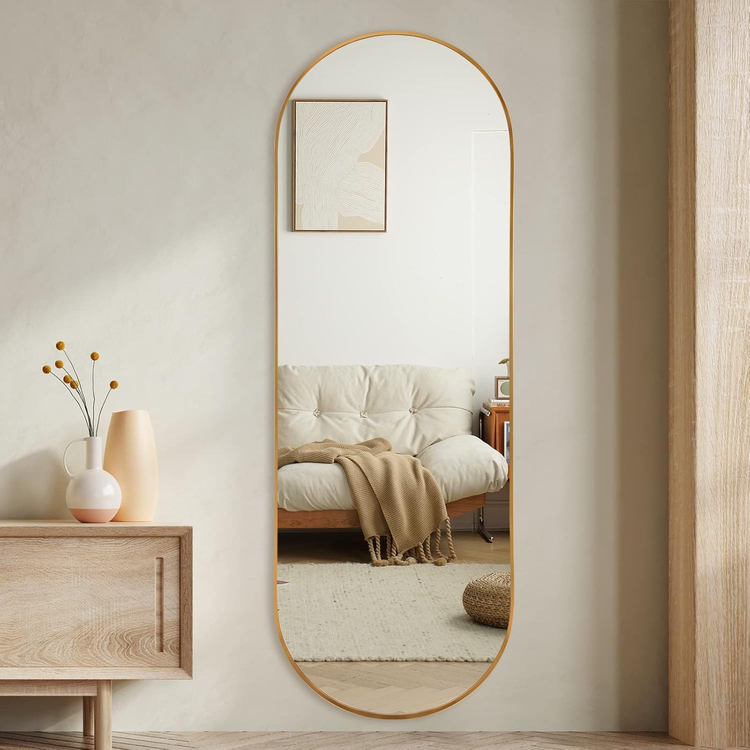 Oval Full Length Mirror, 65″×22″ Wall-Mounted Floor Mirror with Metal Frame, Ult