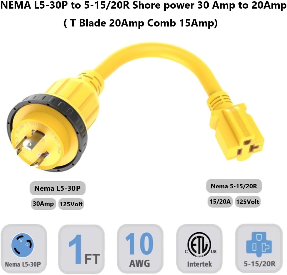 30 Amp L5-30P to 15 Amp 5-15R Marine Shore Power Cord Adapter Pigtail RV Boat