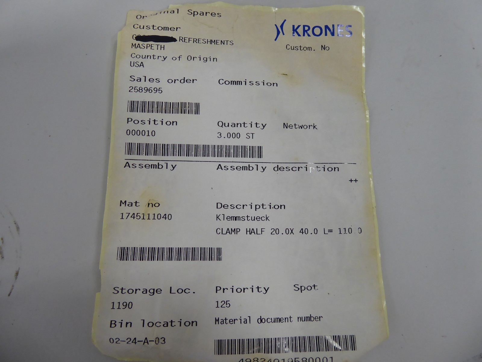 Krones 1-745-11-104-0 Clamp Half 20.0 x 40.0 L=110.0 (Pack of 3)